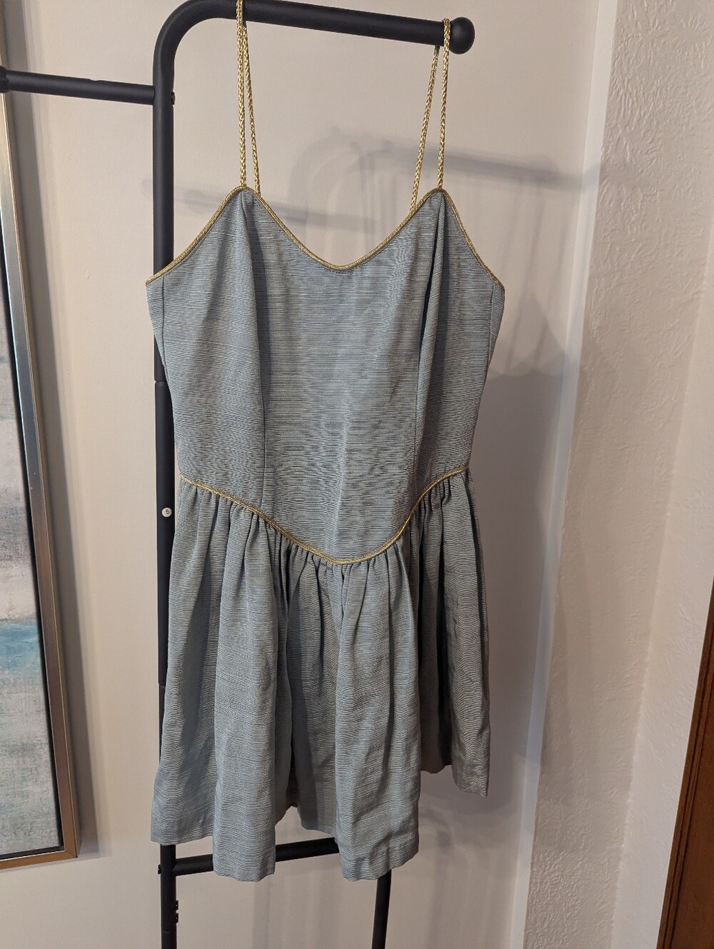 Betsey Johnson 90s Light Blue Gold Trim Grecian Mini Dress